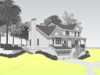 3D architectural rendering of a custom two-story coastal home with garage and wraparound porch, designed by Ballard+Mensua Architecture for a waterfront site in the DC Metro area.