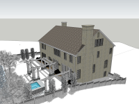 3D rendering of a traditionally inspired custom home by Ballard+Mensua Architecture, featuring a steep gabled roof, prominent chimneys, and symmetrical windows. The fenced backyard includes a pergola-covered terrace, landscaped garden, and a small pool—showcasing the firm’s integration of classic residential forms with outdoor living design.