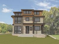 Front elevation rendering of a contemporary custom home by Ballard+Mensua Architecture, featuring clean lines, expansive windows, layered rooflines, and a mix of stone, wood, and stucco finishes. Set on a sloped site with natural surroundings, the design emphasizes modern form, natural light, and material contrast.