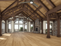 Rendering of a timber-frame great room by Ballard+Mensua Architecture, featuring exposed wood trusses, vaulted ceilings, wide plank flooring, and a floor-to-ceiling stone fireplace. Large arched windows and glass doors bring in natural light and open to expansive views, blending lodge-style architecture with modern luxury living.
