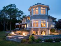 Carr project - nautical New England waterfront home - Octagon lit up at sunset