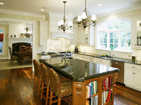 Finished kitchen with island and dark accessories and countertops