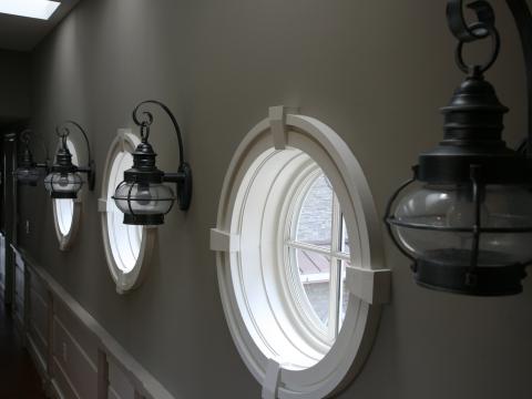 Carr project - nautical New England waterfront home - second floor hallway window details