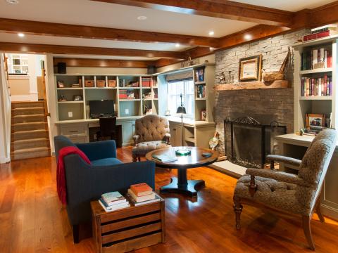 Cole project - craft style mid-century split level - den towards fireplace