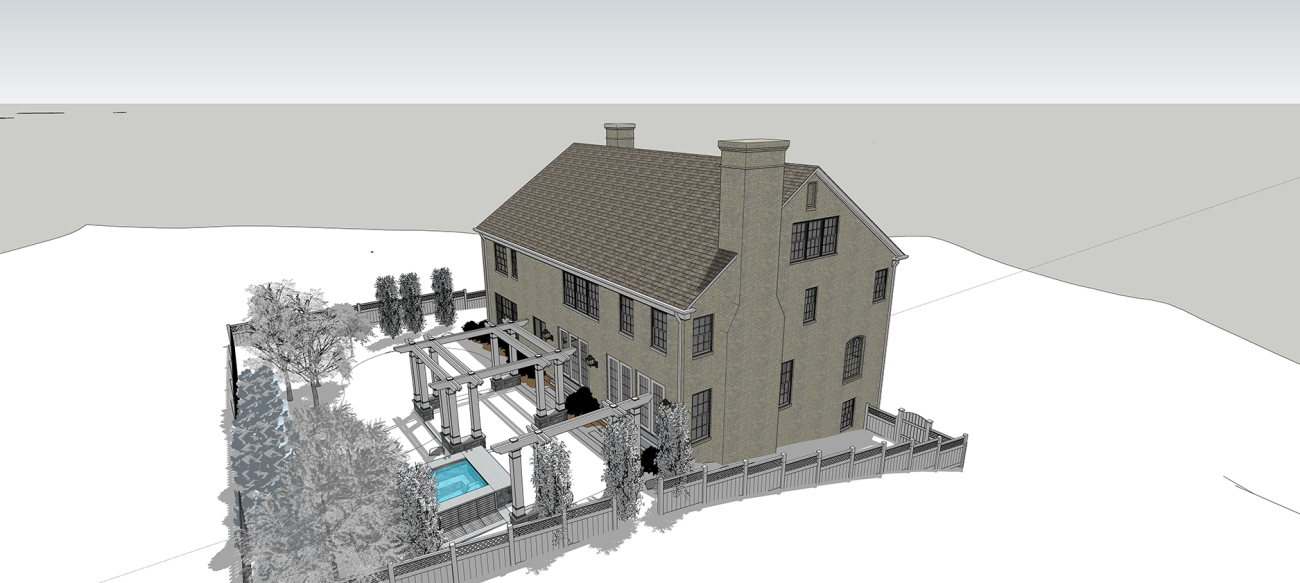 3D rendering of a traditionally inspired custom home by Ballard+Mensua Architecture, featuring a steep gabled roof, prominent chimneys, and symmetrical windows. The fenced backyard includes a pergola-covered terrace, landscaped garden, and a small pool—showcasing the firm’s integration of classic residential forms with outdoor living design.