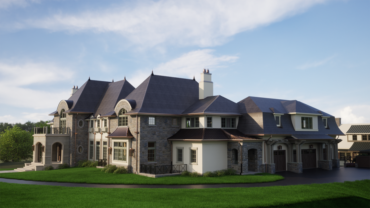 Exterior view of a grand custom estate designed by Ballard+Mensua Architecture, blending European-inspired detailing with stone and stucco cladding, steeply pitched slate roofs, copper accents, and arched dormers. Set against a manicured lawn and blue sky, the home reflects the firm’s expertise in high-end residential architecture with classical proportions and rich material palettes.