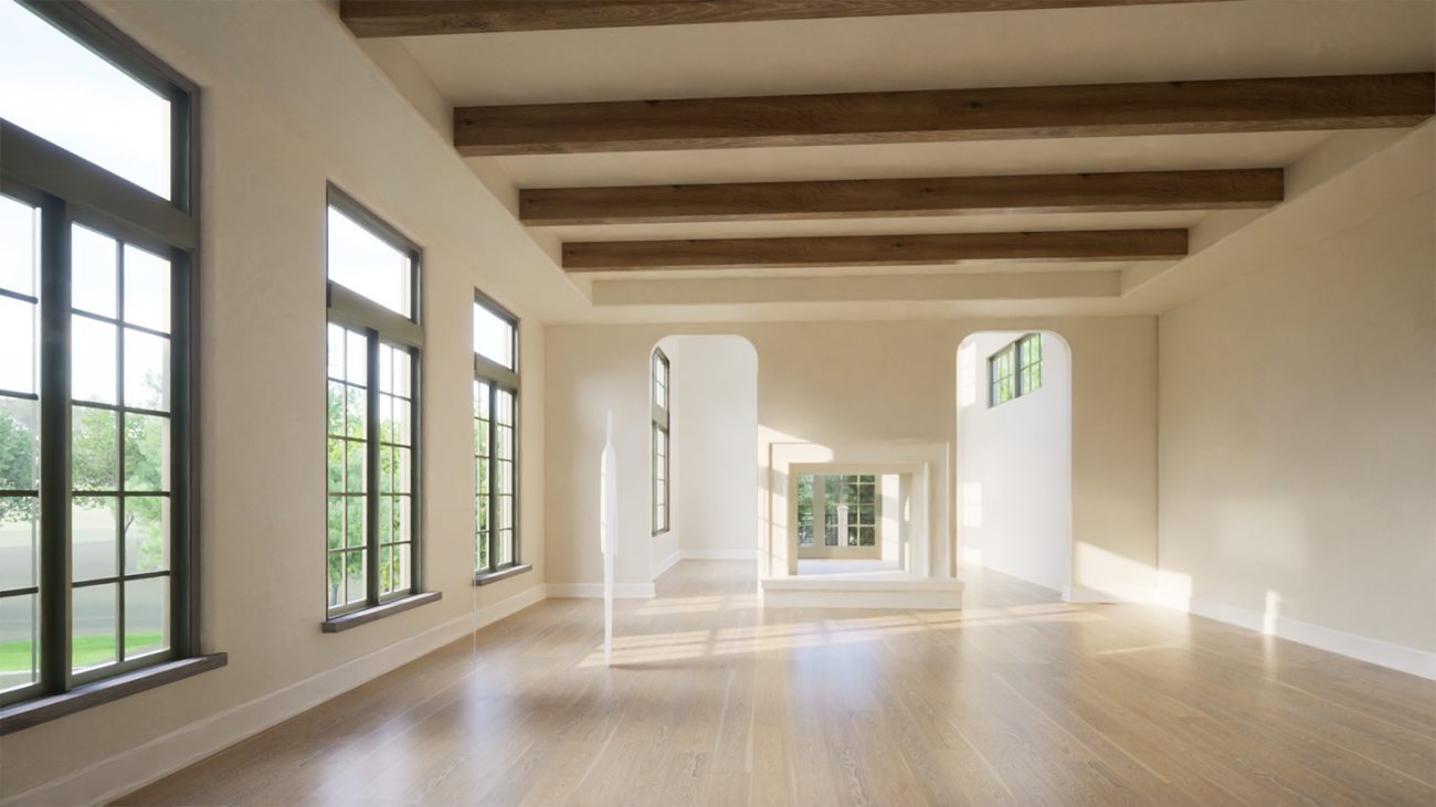 Sunlit interior with exposed wood ceiling beams, arched openings, and floor-to-ceiling windows, designed by Ballard+Mensua Architecture to highlight natural light and spatial flow.