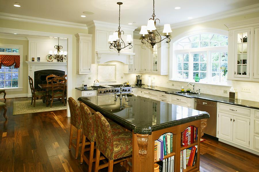 Finished kitchen with island and dark accessories and countertops