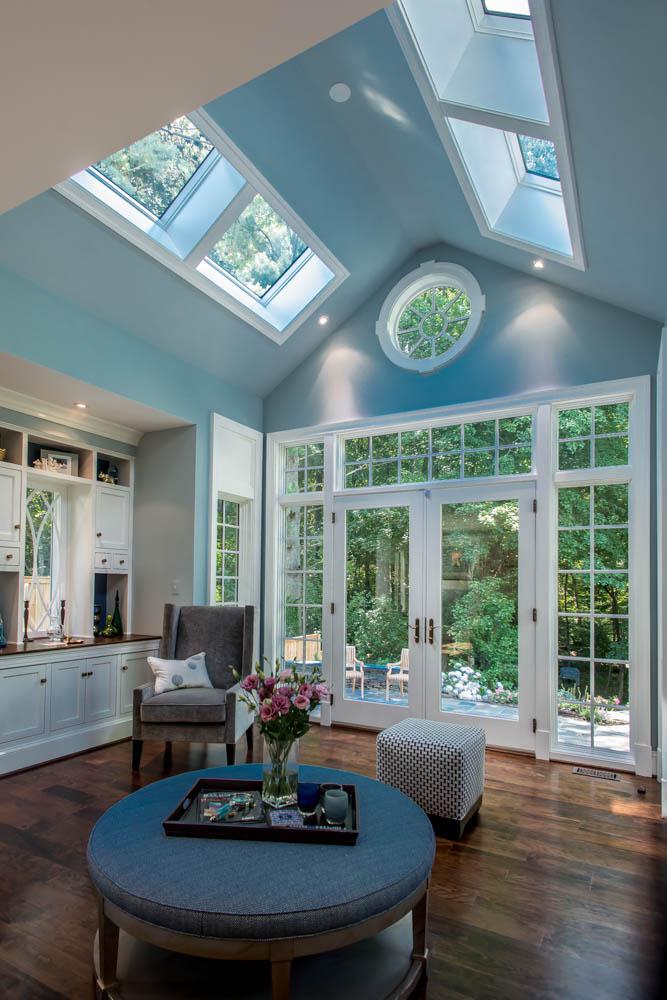 family room with vaulted ceiling towards rear yard