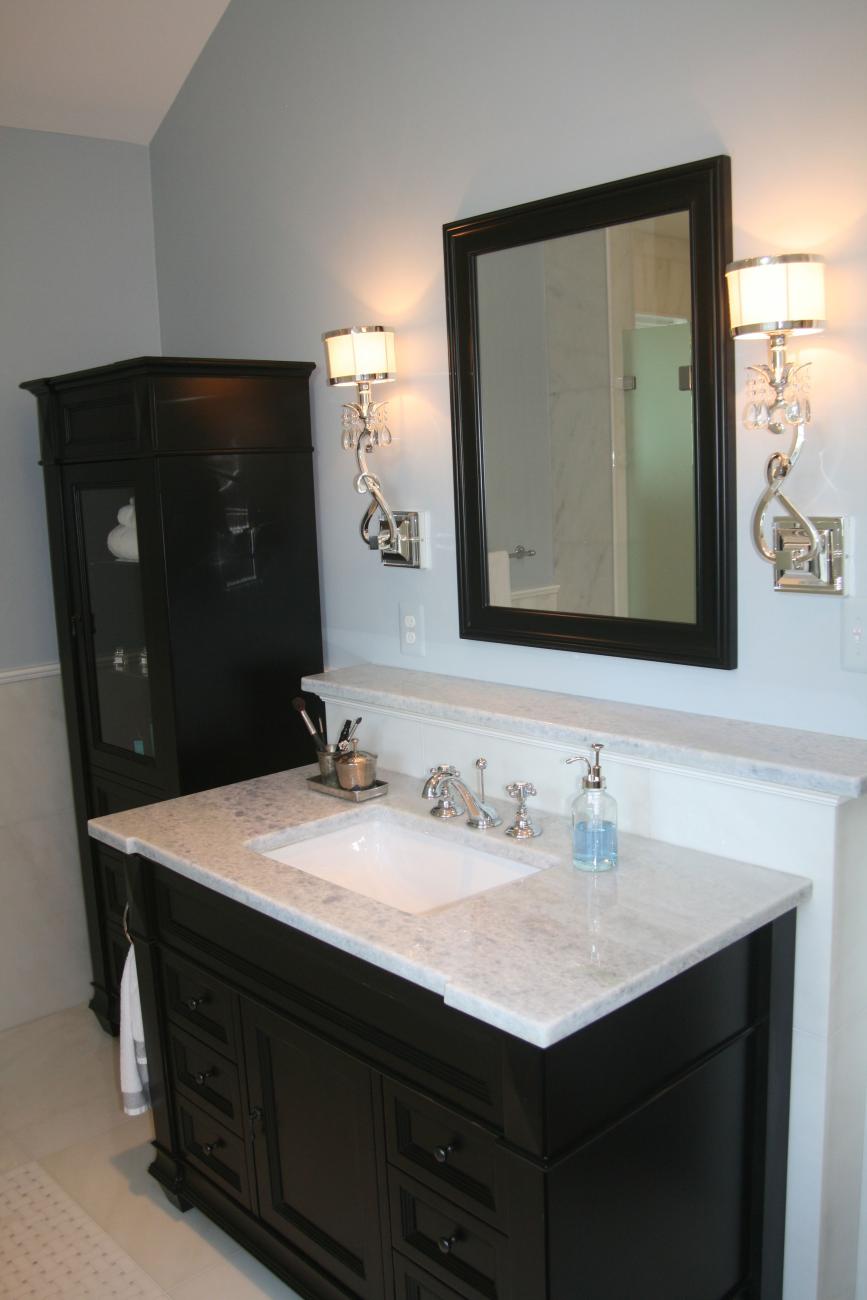 master bath sink and dark finishes - McLean waterfront - Graham project