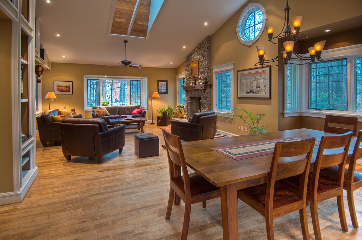 The living room and dining room in the renovated Ballard home