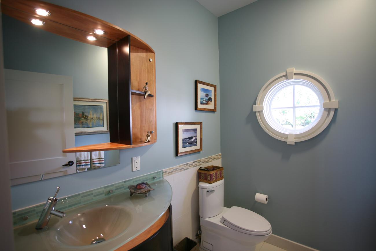 Carr project - nautical New England waterfront home - window and vanity detail
