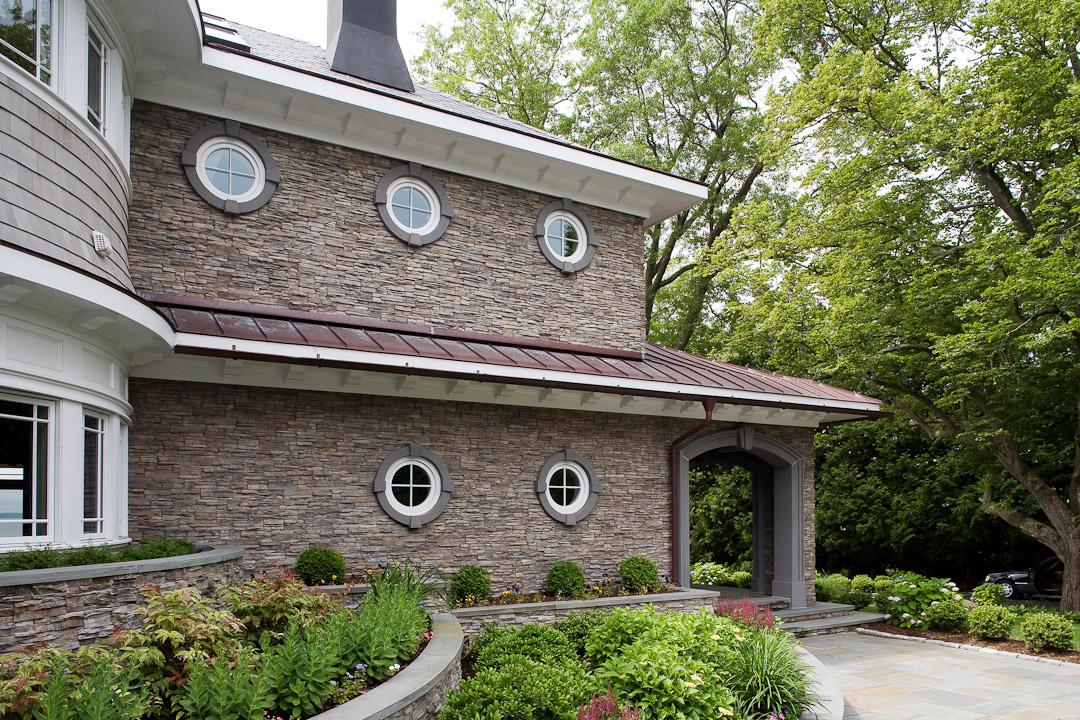 Carr project - nautical New England waterfront home - exterior front detail