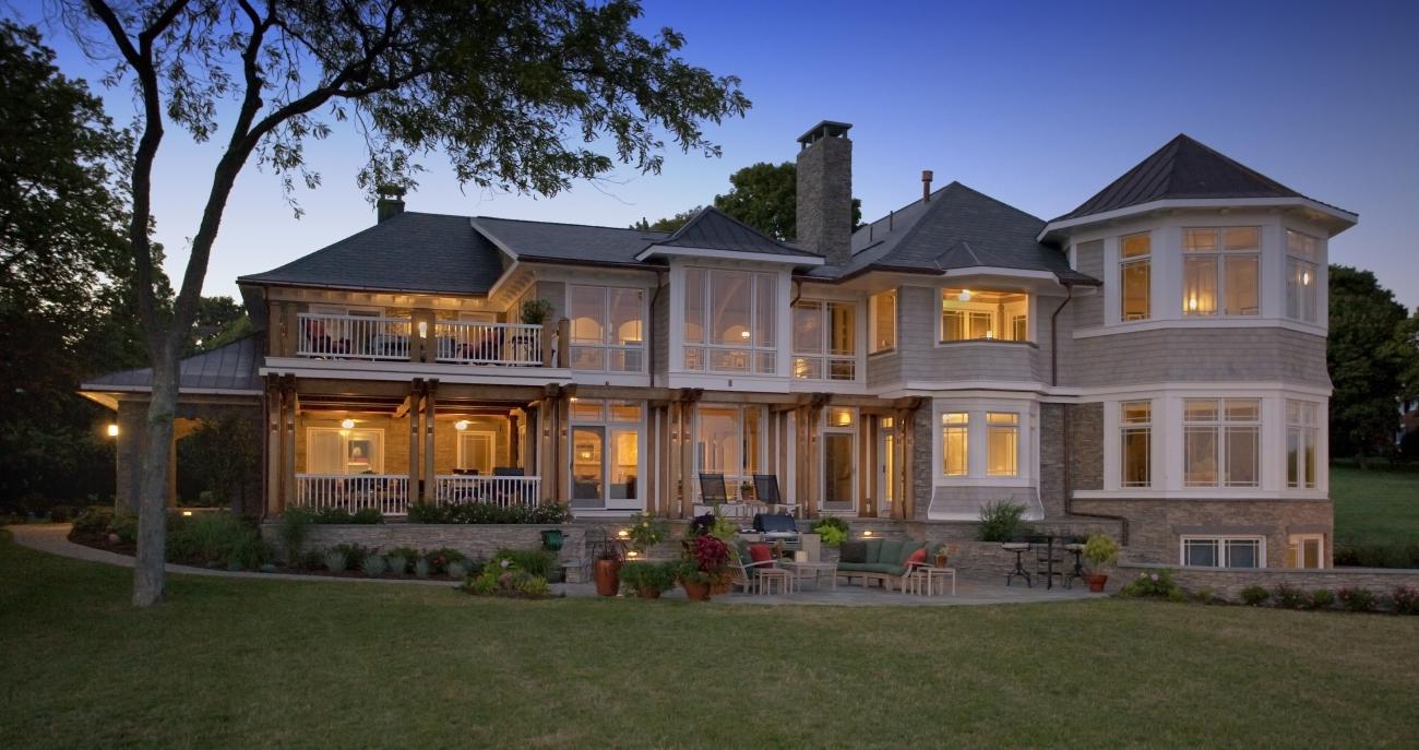 Carr project - nautical New England waterfront home - rearview at dusk