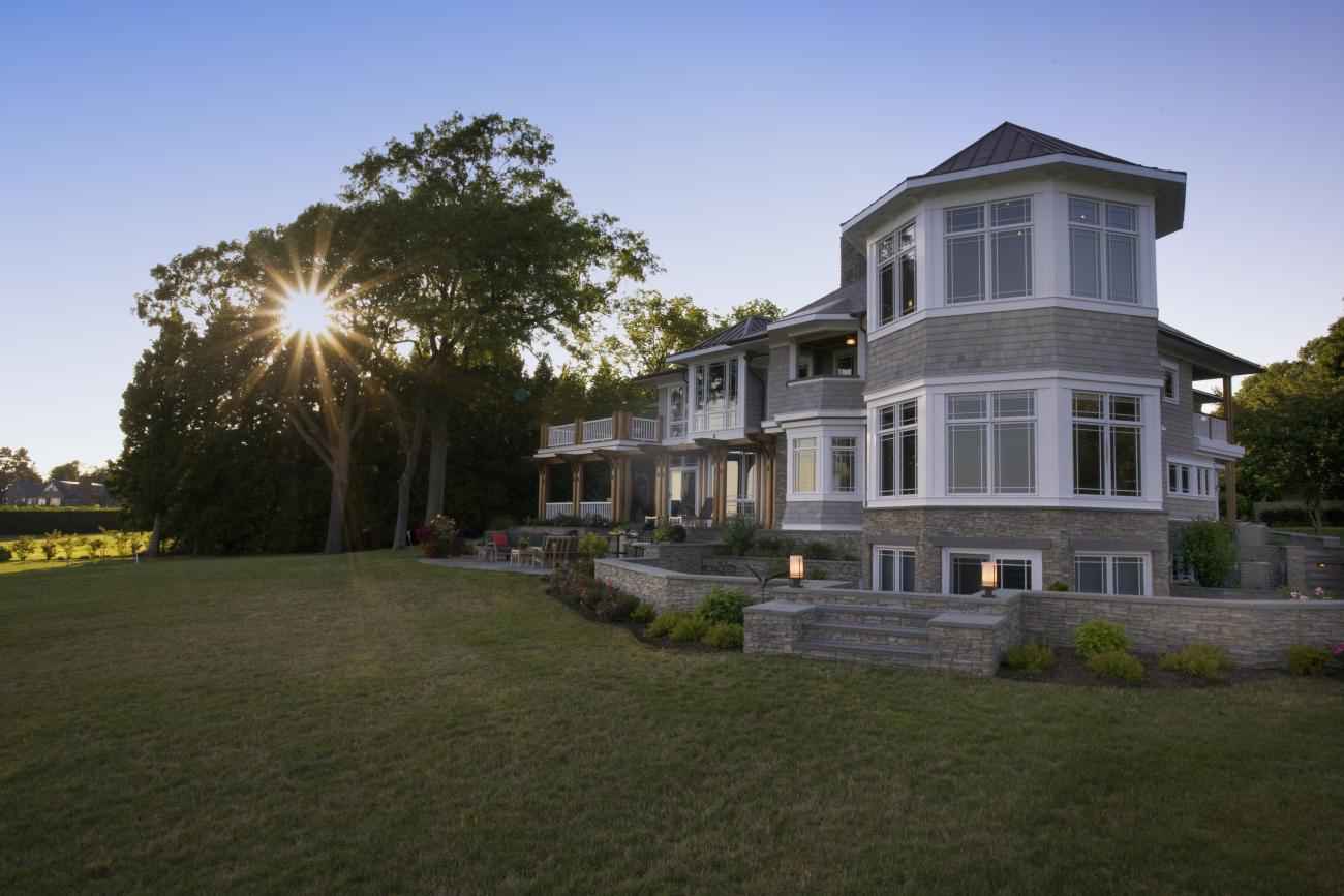 Carr project - nautical New England waterfront home - octagon at sunset