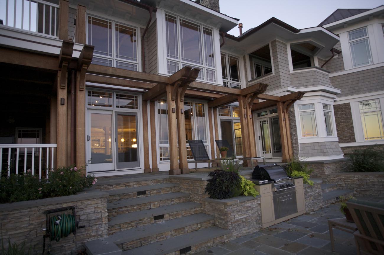 Carr project - nautical New England waterfront home - rear patio detail