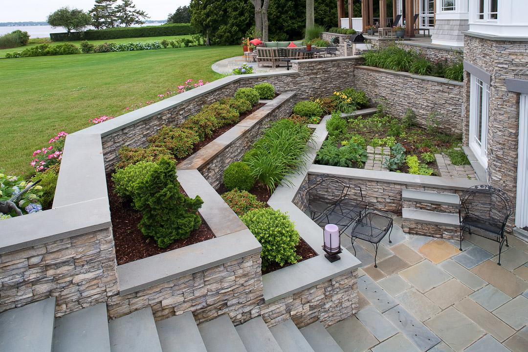 Carr project - nautical New England waterfront home - rear patio planters