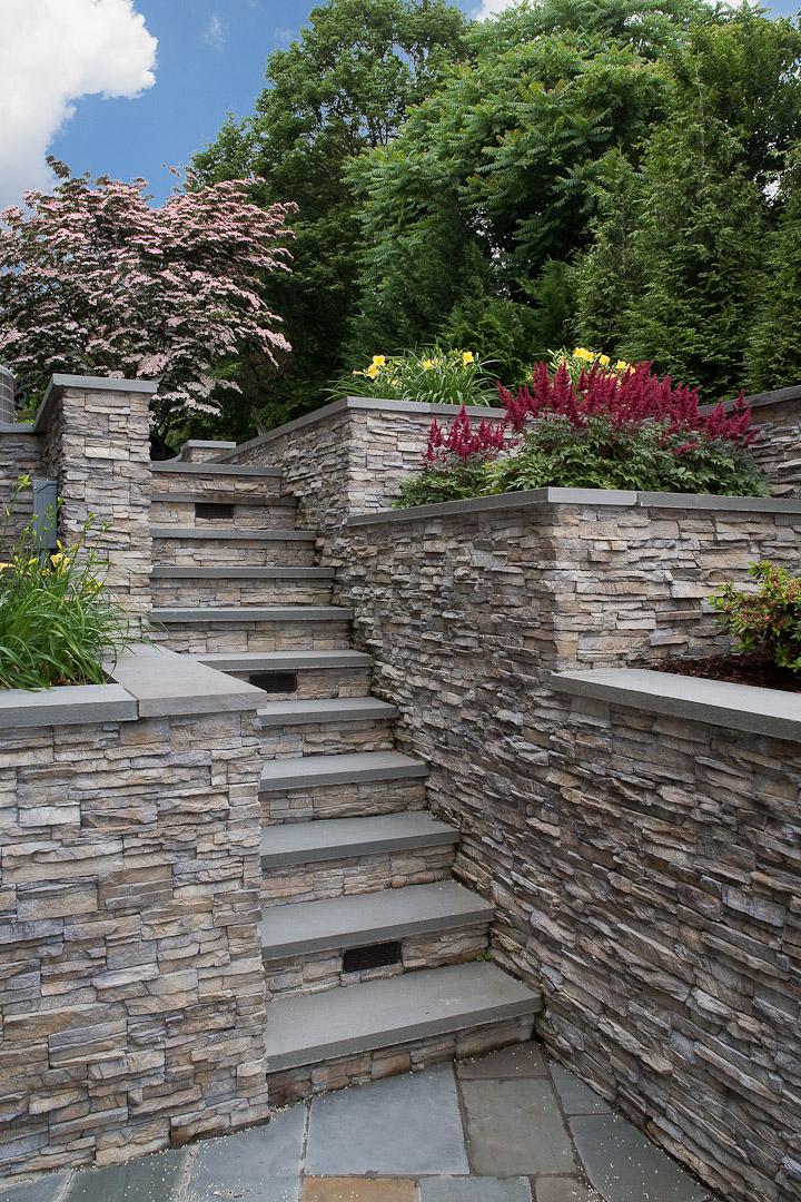 Carr project - nautical New England waterfront home - rear stair planters