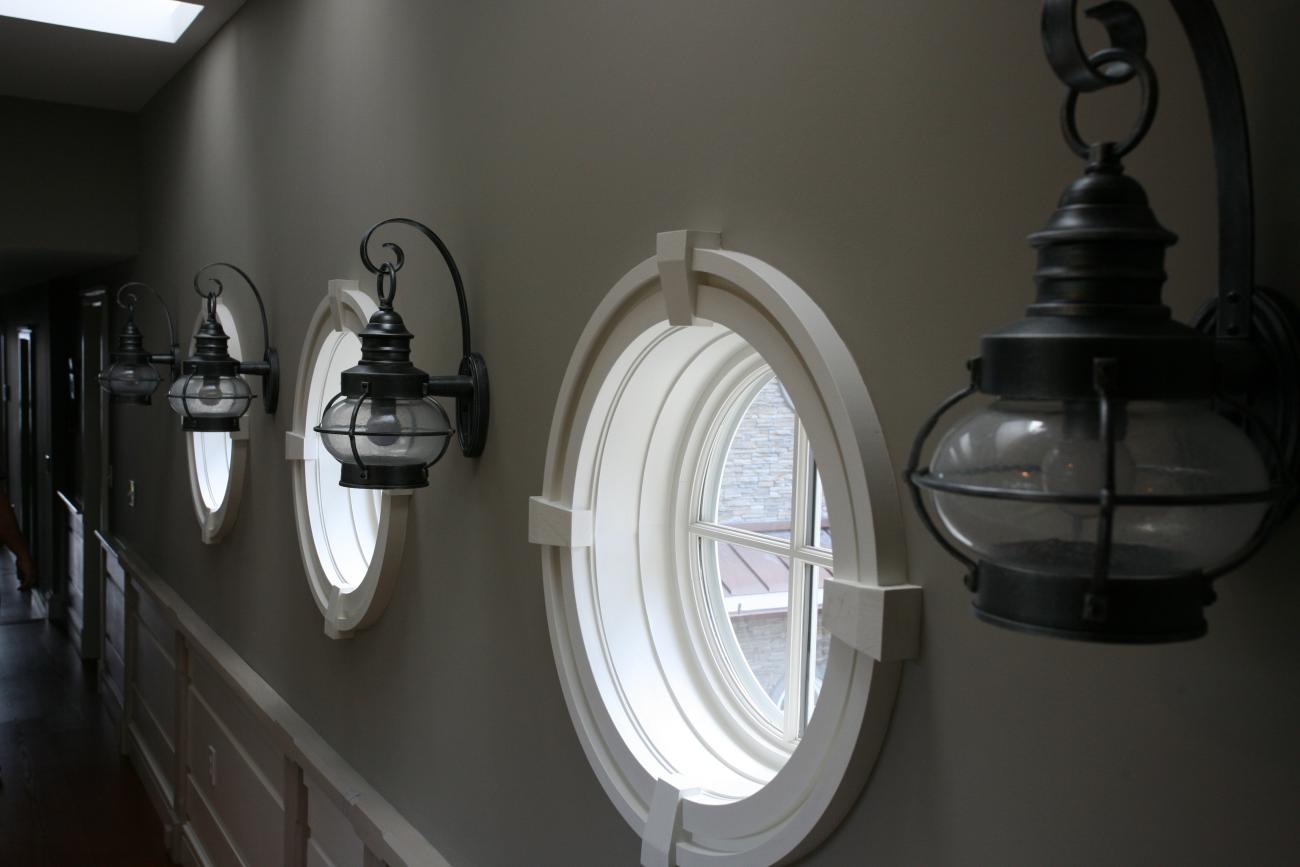 Carr project - nautical New England waterfront home - second floor hallway window details