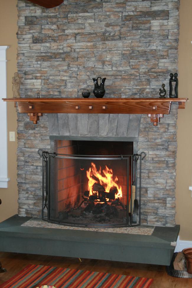 Stone details of the fireplace in the Ballard living room