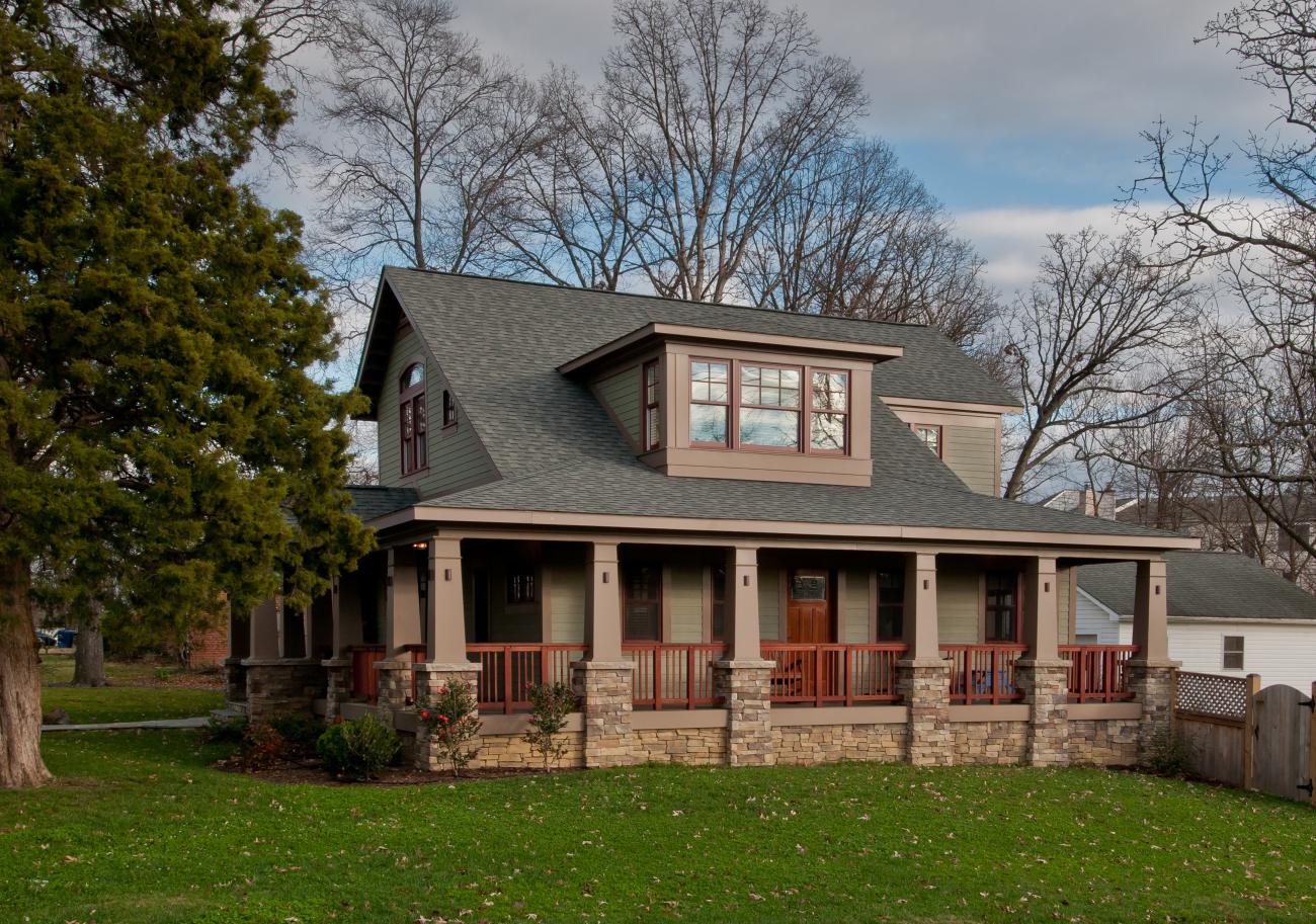 The Henry project's wrap around porch, front porch in the California bungalow style
