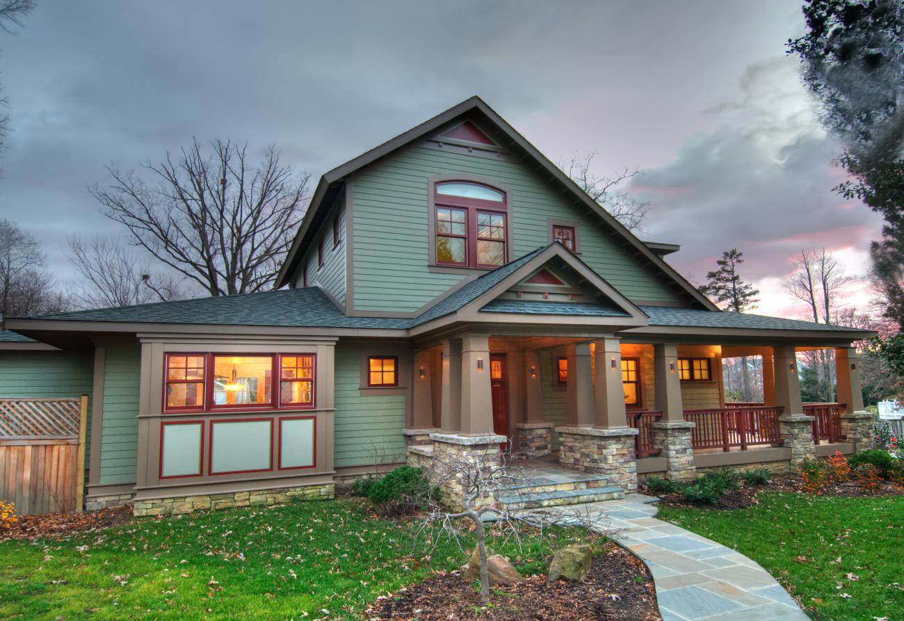 Henry Project's California Bungalow--the exterior at dusk