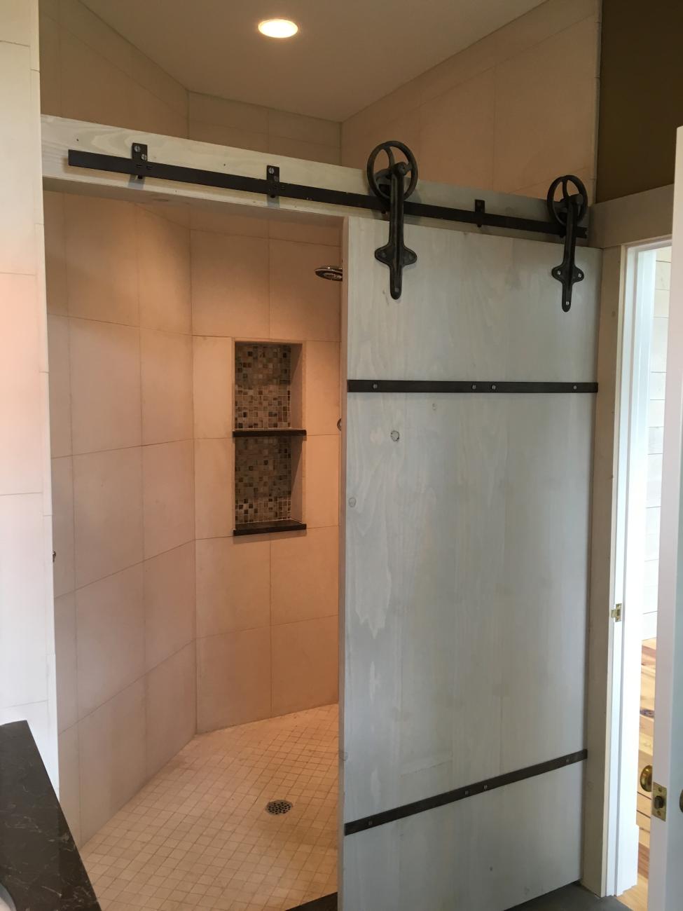 barn door shower detail - shore house - karminski project